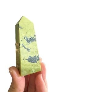 Lime Green Serpentine Tower with Pyrite Pointed Crystal Tower Obelisk Home Decor